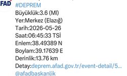 Elazığ’da 3.6 büyüklüğünde deprem