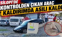 Silopi’de kontrolden çıkan araç kaldırımda asılı kaldı
