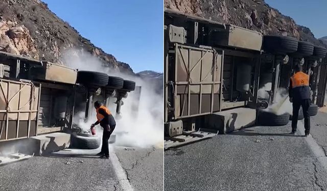 Kara Yolunda Tır Devrilerek Alev Aldı