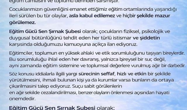Cizre’deki Taciz ve İstismar Olayına Eğitim Gücü Sen’den Sert Tepki