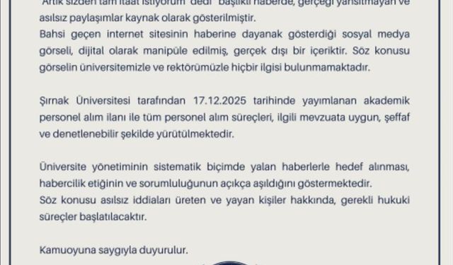 Oda TV’deki Habere Şırnak Üniversitesi’nden Sert Tepki!