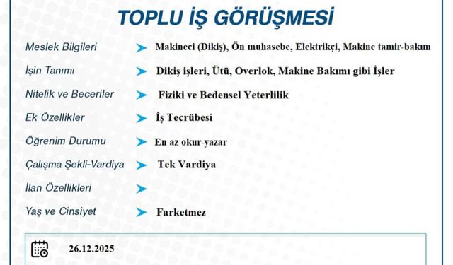 Şırnak’ta Büyük İstihdam Fırsatı Toplu İş Görüşmesi 26 Aralık’ta