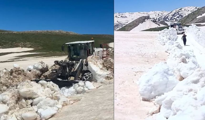 Yaz günü 3 metreyi bulan karda yol açma çalışması