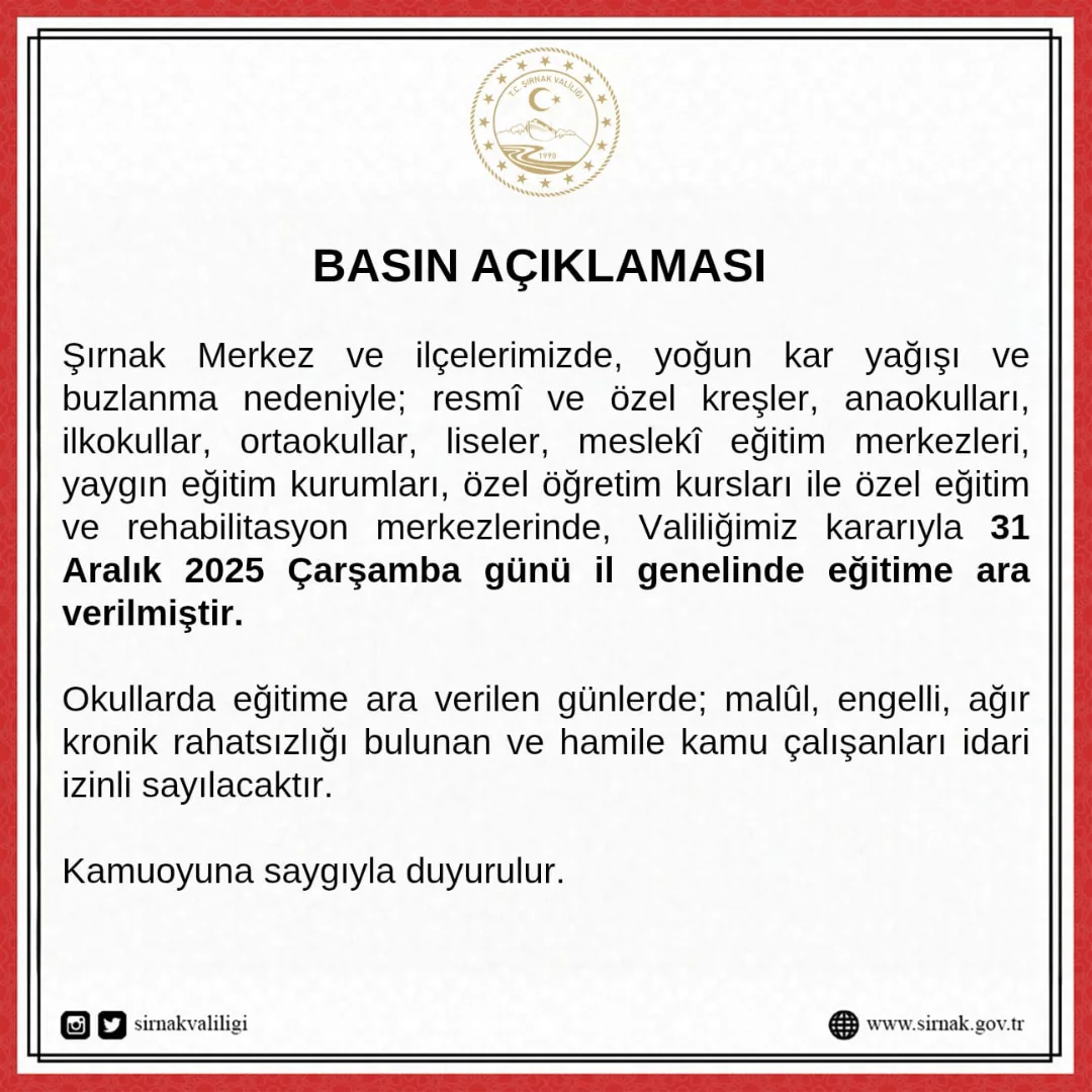 İlimizde Etkili Olan Yoğun Kar Yağışı Ve Buzlanma Nedeniyle, 31 Aralık 2025 Çarşamba Günü Il Ge