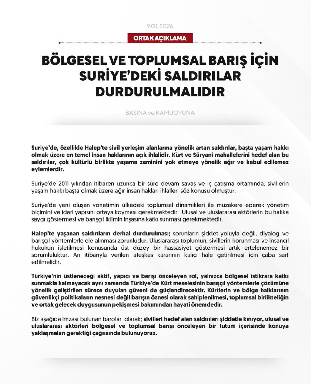 Bölge Barolarından Ortak Açıklama Bölgesel Ve Toplumsal Barış İçin Suriye’deki Saldırılar Durdu